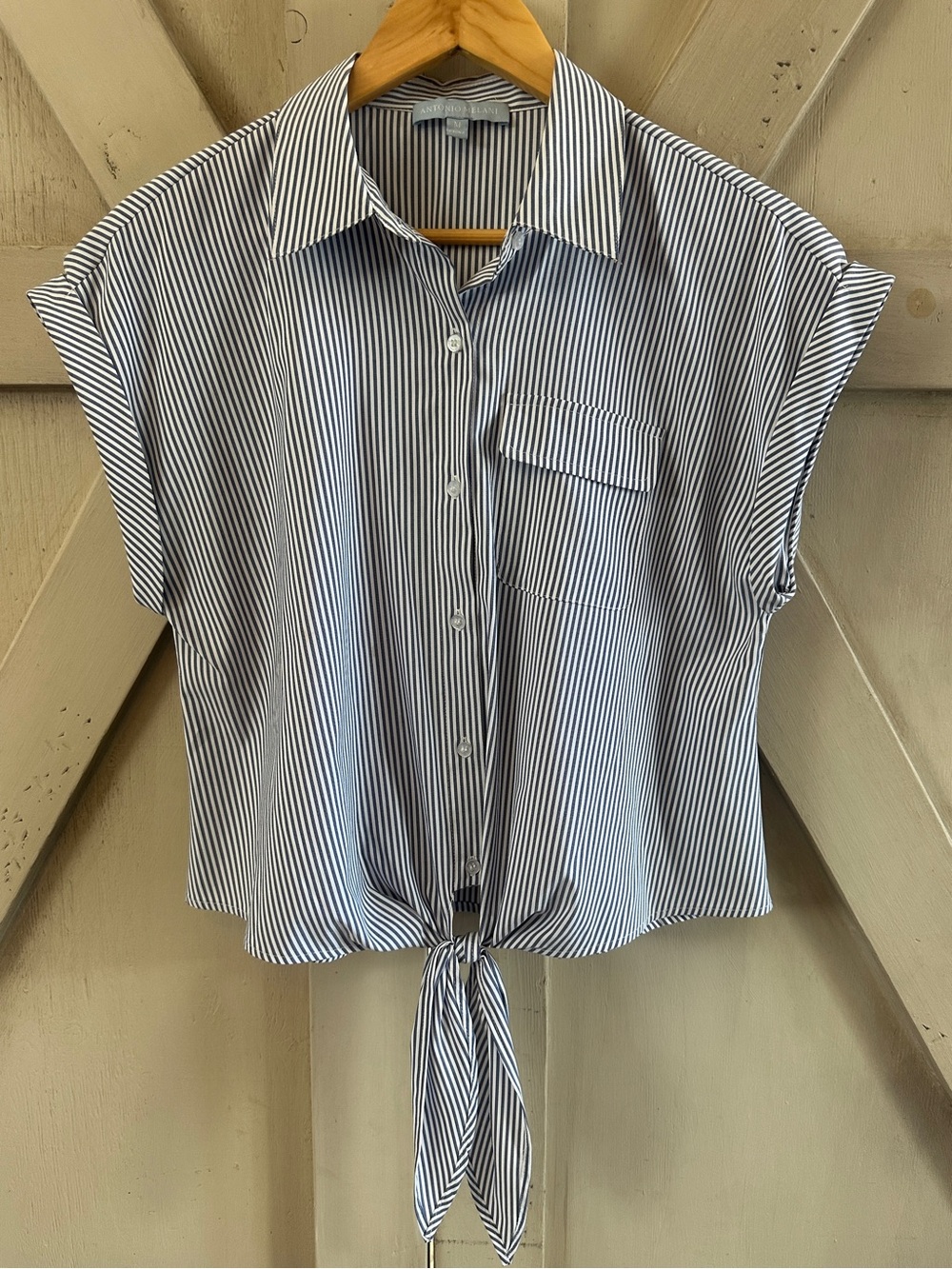 Antonio Melani Navy & White Striped Tie-Front Blouse Size Medium